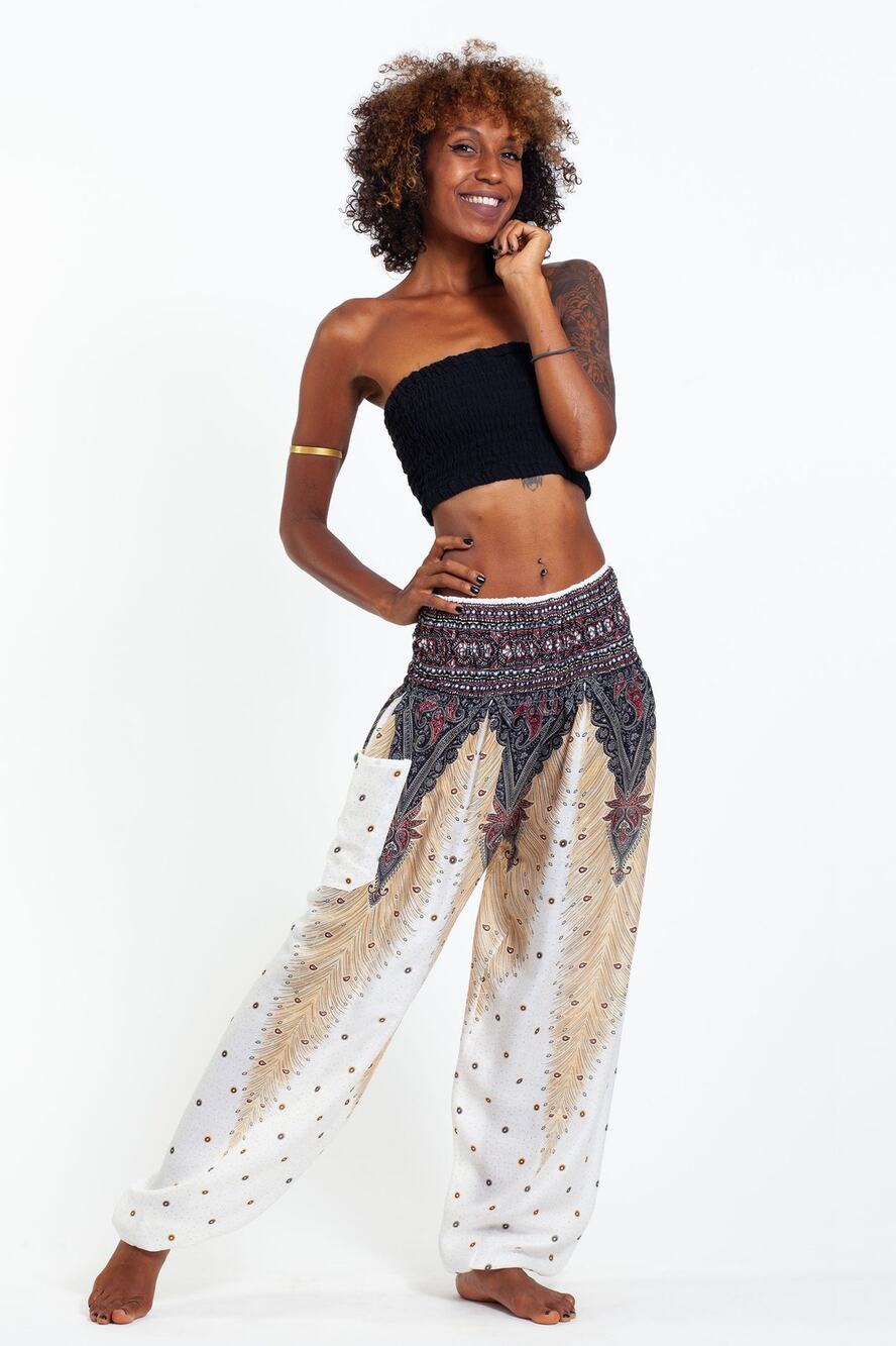 Geometric Mandalas Women's Harem Pants iin White Feasthers One Size